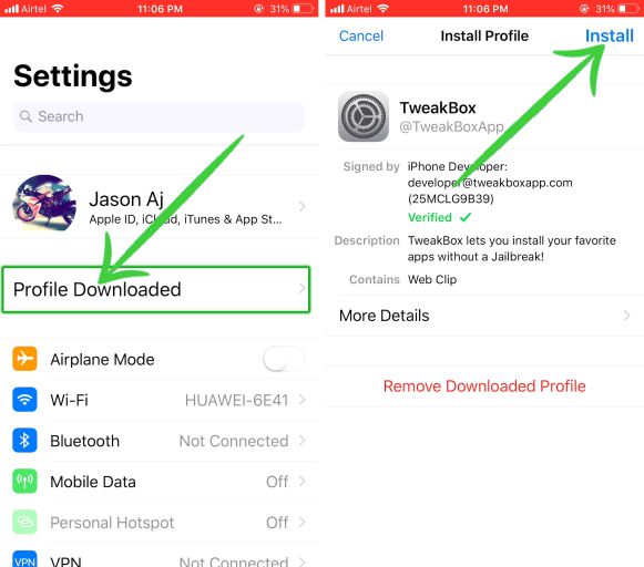 Install tweakbox profile on iphone