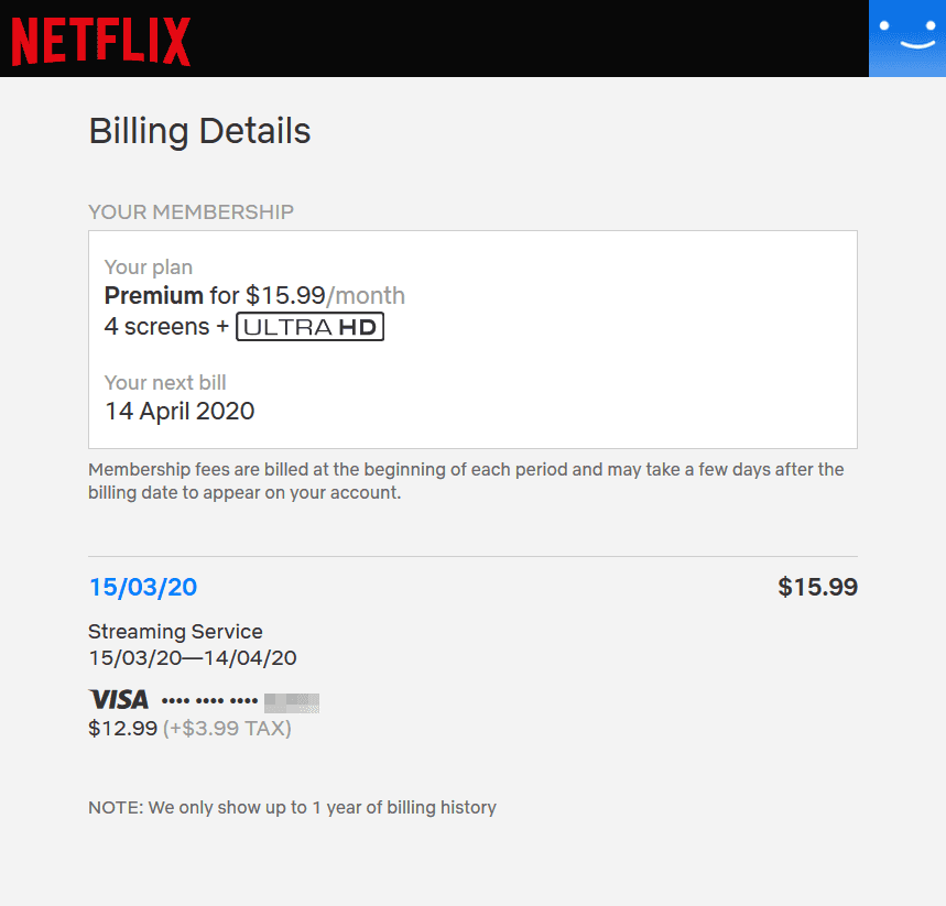 Netflix Plan & Billing page